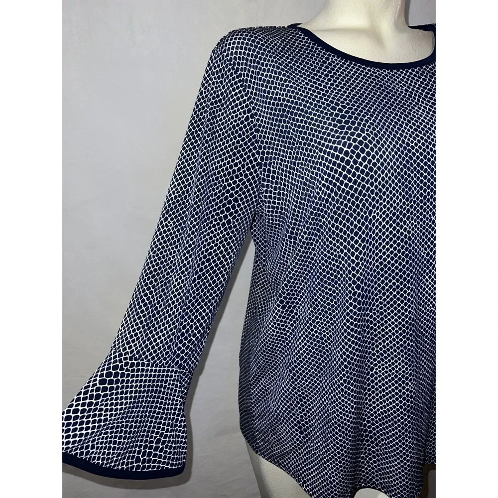 Michael Kors Navy White Geometric Snakeskin Print Bell‎ Sleeve Blouse Top XL